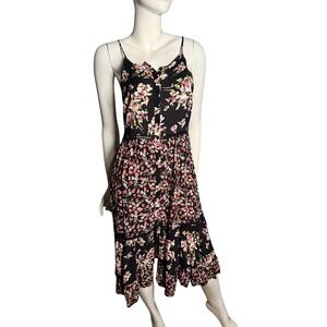 BOG Collective Black Floral Midi Dress Small Button Front Tiered Boho Sleeveless